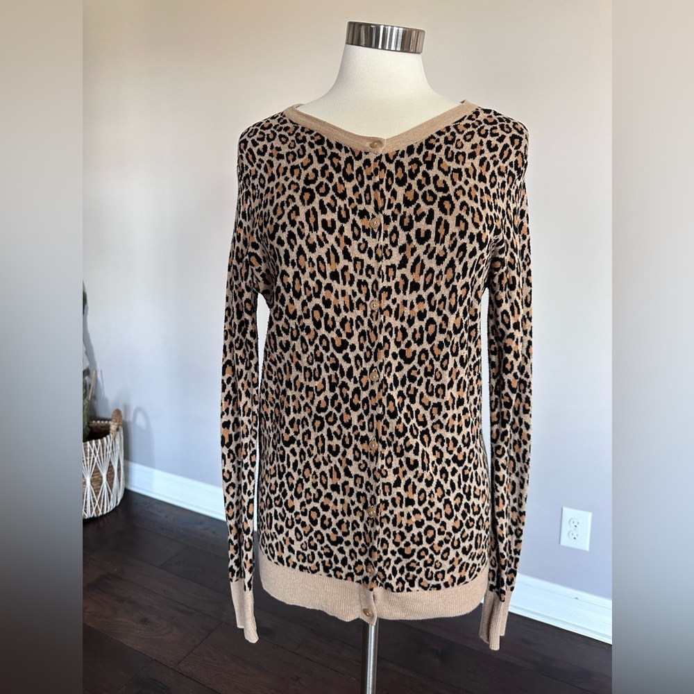 Merona 🎯 Target Cotton Button-Up Cardigan Sweater Leopard Animal Print XL EUC - Picture 2 of 11